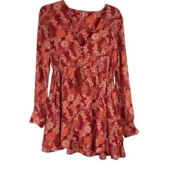 Free People Orange Floral Mini Tunic Dress Long Sleeve Deep VNeck - Picture 2 of 9